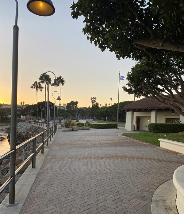 marina-side walkway at Cabrillo Marina in San Pedro, CA